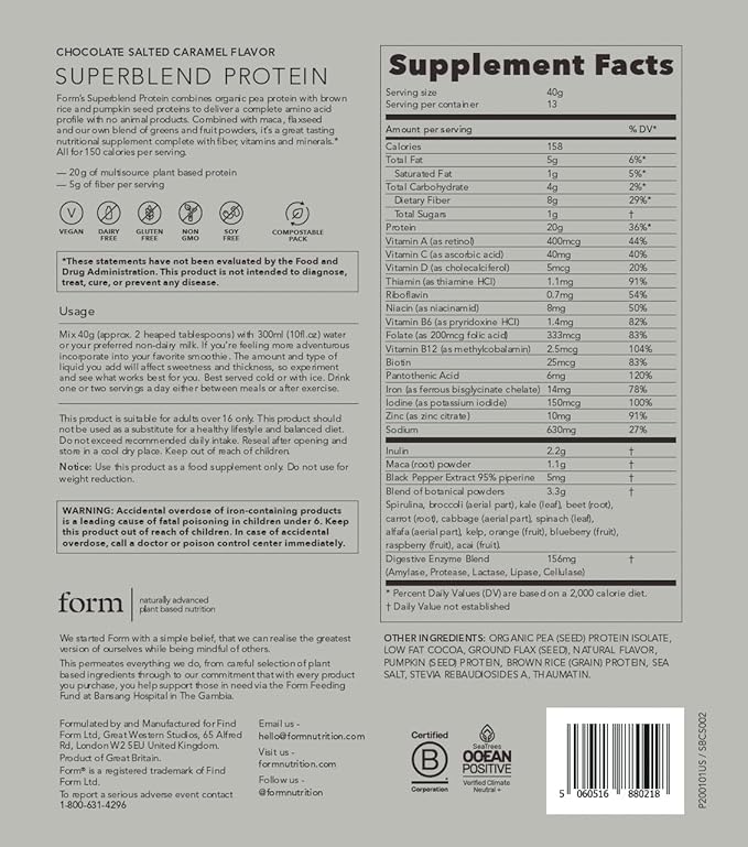 Form Superblend Protein - Vegan Protein Powder with Superfoods Vitamins and Minerals - 20g of Plant Based Protein per Serving (Chocolate Salted Caramel)