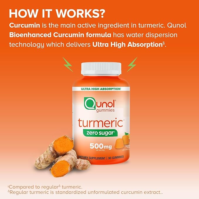 Qunol Zero Sugar Turmeric Gummies Vegetarian Gluten Free 500mg + Qunol Magnesium Gummies 200mg Vegetarian 90 Count