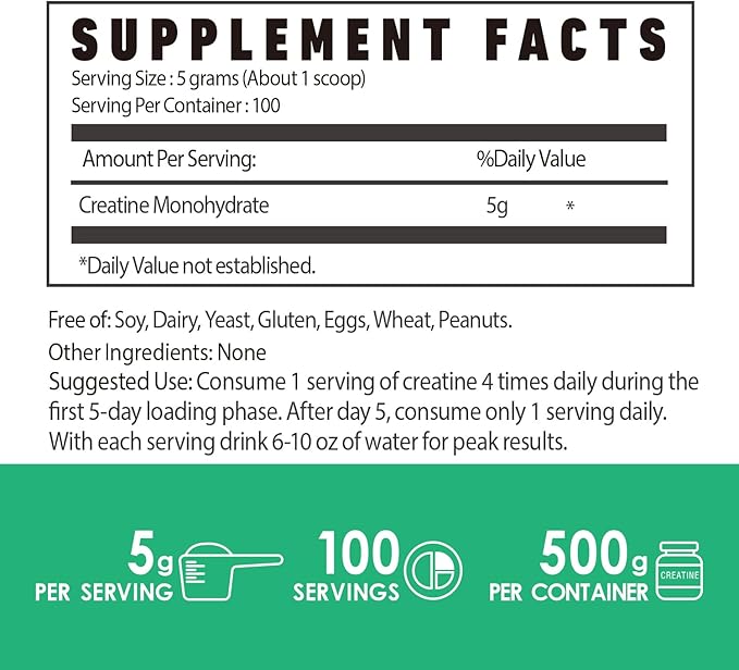 Creatine Monohydrate Powder 500g Pure Micronized Creatine Supplements for Men and Women Building Muscle Pre &amp Post Workout Supplements Vegan Unflavored - 100 Servings (1.1Lb)