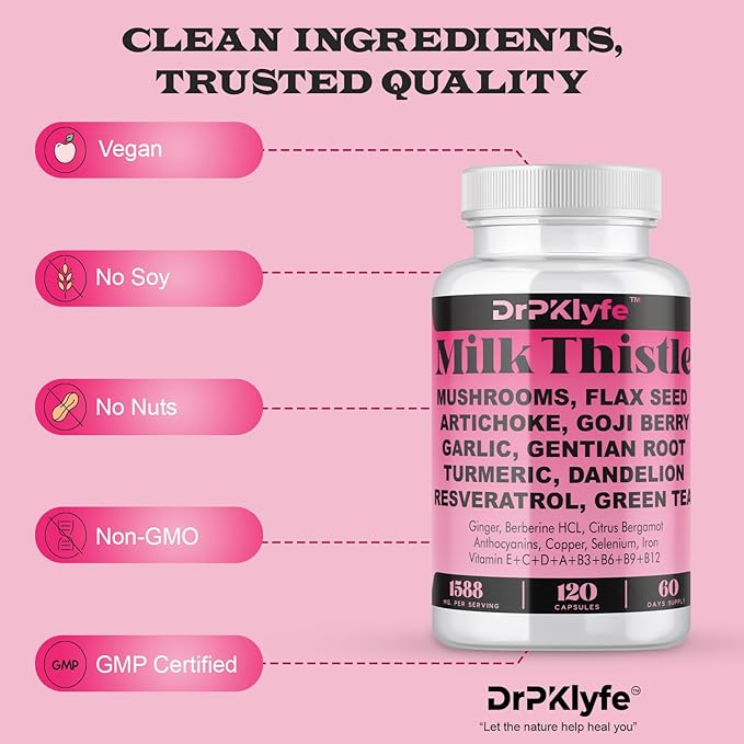 Milk Thistle Capsules for Liver Detox &amp Cleanse Support – with Dandelion Root Resveratrol Artichoke Moringa Silymarin – 120 Capsules (60-Day Supply)