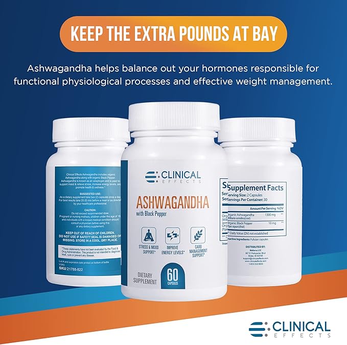 Clinical Effects Ashwagandha with Black Pepper for Stamina and Calm - 3 Pack 180 Ashwagandha Capsules - Made in The USA