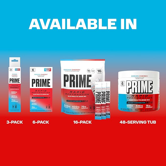 Prime Rapid Rehydration Electrolyte Powder Ocean Cherry Sugar Free Hydration Drink Mix with Sodium Potassium Magnesium &amp B Vitamins to Replenish Fluids Caffeine Free 6 Gallon Tub 48 SRV