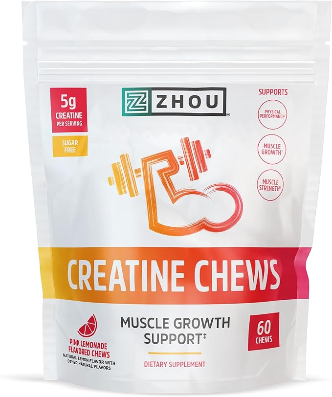 ZHOU Nutrition Creatine Monohydrate Chewables 5g for Men &amp Women Sugar Free Organic Non GMO Pink Lemonade 60 Creatine Gummies
