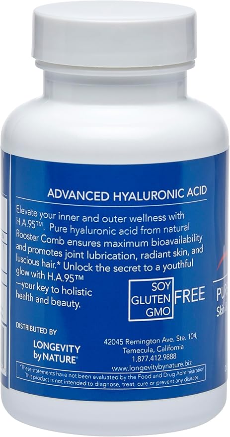 Longevity by Nature H.A.95 Hyaluronic Acid Supplements Antioxidant Skin Hydration Eye Joint Natural Rooster Comb 60 Capsules
