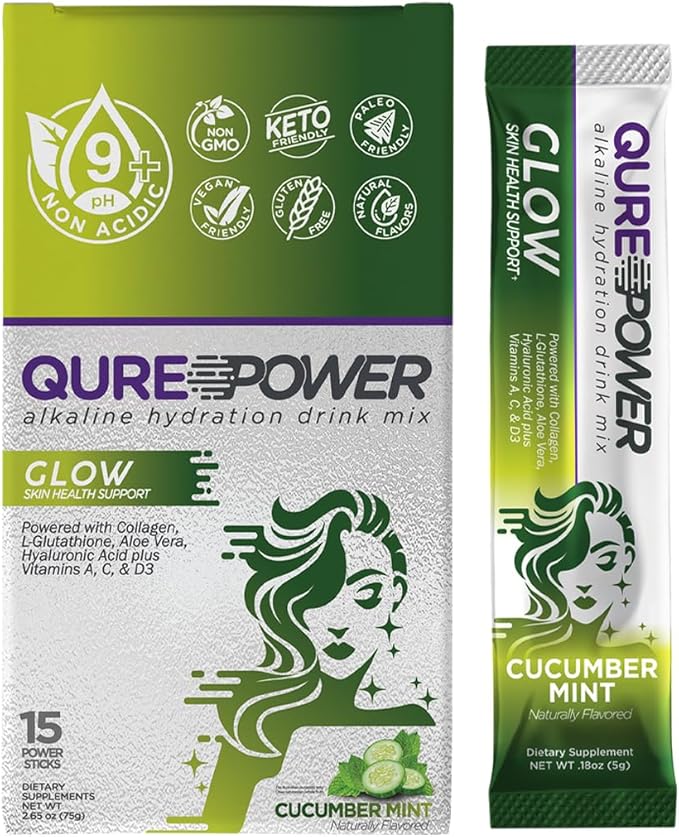 Qure Collagen Powder for Women | L-Glutathione &amp Hyaluronic Acid | Daily Skin &amp Joint Support | Alkaline Hydration Mix | Light Cucumber Mint Flavor | 15 Sticks (1 Box)