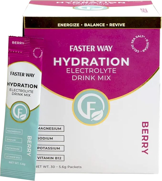 Faster Way - Hydration - Electrolyte Drink Mix - with Apple Cider Vinegar Choline Probiotics &amp Natural B Vitamins - Energize &amp Revive - Powder Packets - Zero Sugars - Gluten Free - Berry - 3