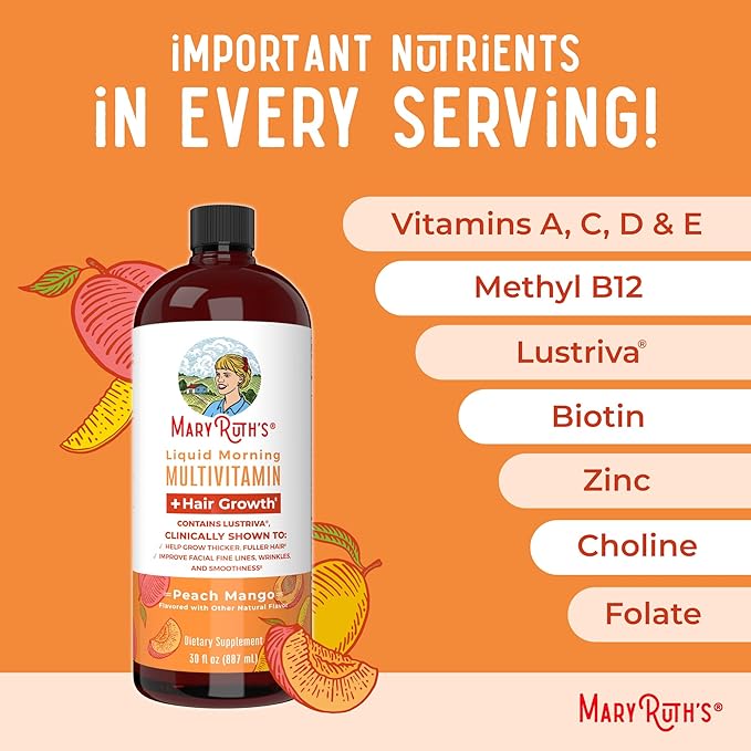 MaryRuth's MaryRuth's Liquid Morning Multivitamin +Hair Growth (Peach Mango 30oz) &amp Iron Liquid (Berry) | Clean Label Project Verified® | Beauty Immunity &amp Overall Health | Vegan Non-GMO