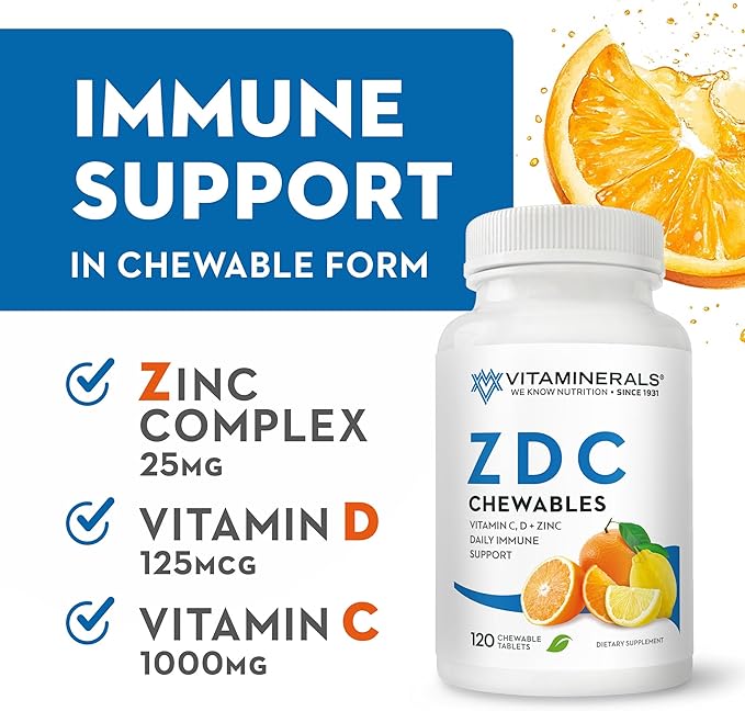 Vitaminerals® 106 Z D C CHEWABLES | Zinc | Vitamin C &amp D | Natural Citrus Flavor | 120 Chewable Tablets