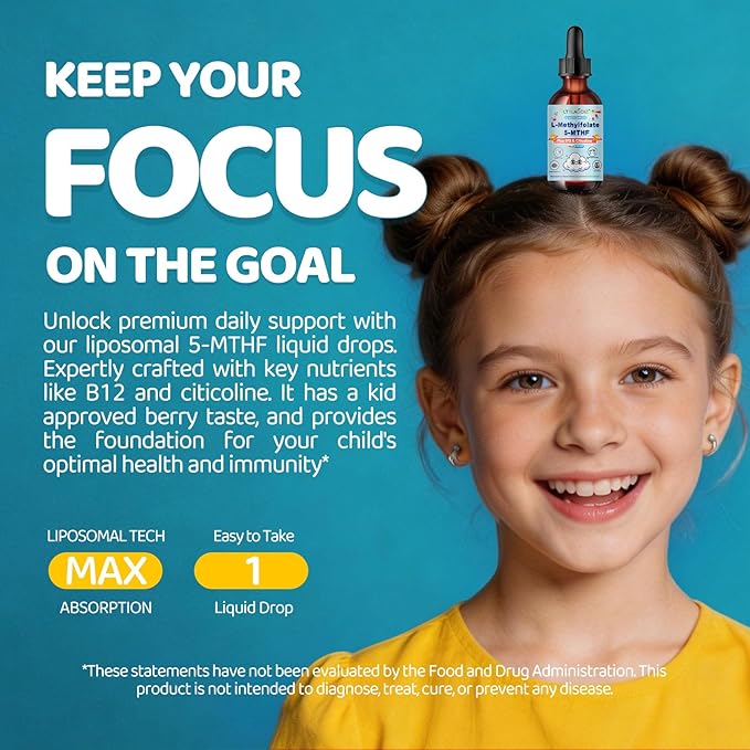 Liposomal L-Methylfolate 5-MTHF Liquid for Kids &amp Teens – High Absorption Methylated Folate with Citicoline &amp Methyl B12 – Supports Focus Clarity &amp Cognitive Development – Sugar-Free Berr