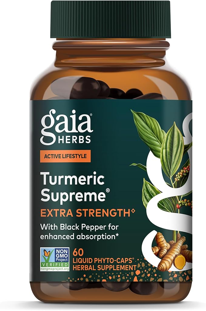 Gaia Herbs Turmeric Supreme Extra Strength - Supports Occasional Discomfort from Normal Wear &amp Tear* - with Turmeric Curcumin &amp Black Pepper - 60 Vegan Liquid Phyto-Caps (Up to 60 Servings)