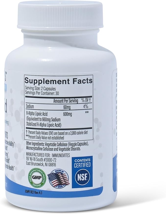 IMMUNOVITES 3-Pack Stabilized R-Alpha Lipoic Acid ((True)) 600mg per Serving [[High Potency &amp up to 40x Increased Absorption]] (Na R-ALA) (Na R-LA) (Na R-Lipoate) (3 Bottles)