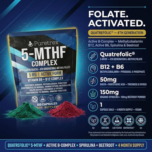 5-MTHF Complex with Quatrefolic Active Folate (L-Methylfolate) 1mg + Methyl B12 1mg + P-5-P B6 + Riboflavin-5-Phosphate Vegan Non-GMO 120 Capsules