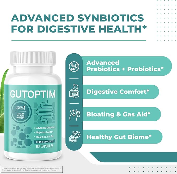 GutOptim Probiotic &amp Prebiotic Capsules | Pre and Probiotics for Synbiotic Gut Health &amp Bloating Relief for Women &amp Men | Enzyme with Probiotics for Digestive Health | Non-GMO 60 Ct 6 Mo
