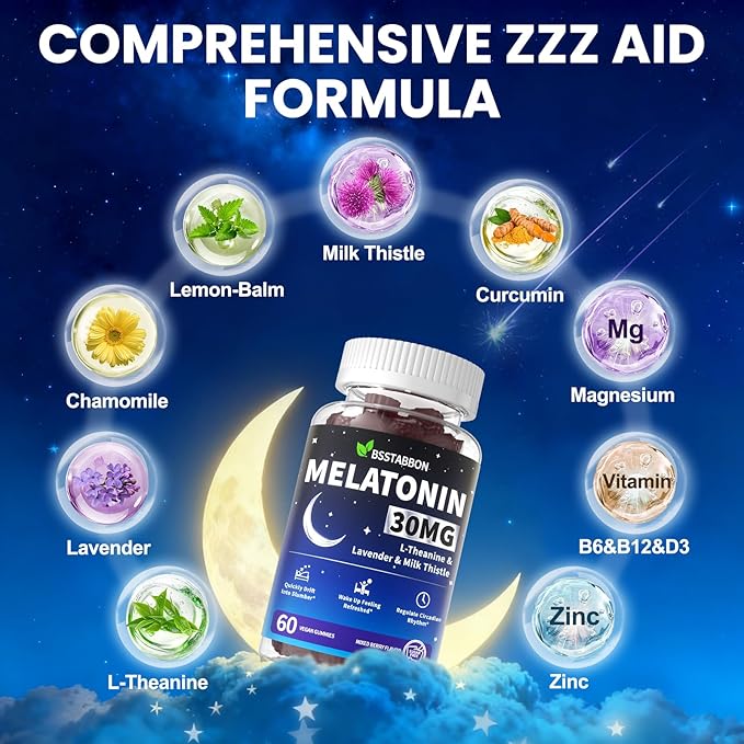 Adults Melatonin Gummies 30mg: Extra Strength Sugar Free Melatonin Gummies with Magnesium L-Theanine Chamomile Lavender Vitamin B12 B6 D3 - Nighttime Deep Zzz Aid Immune Support(120Count)