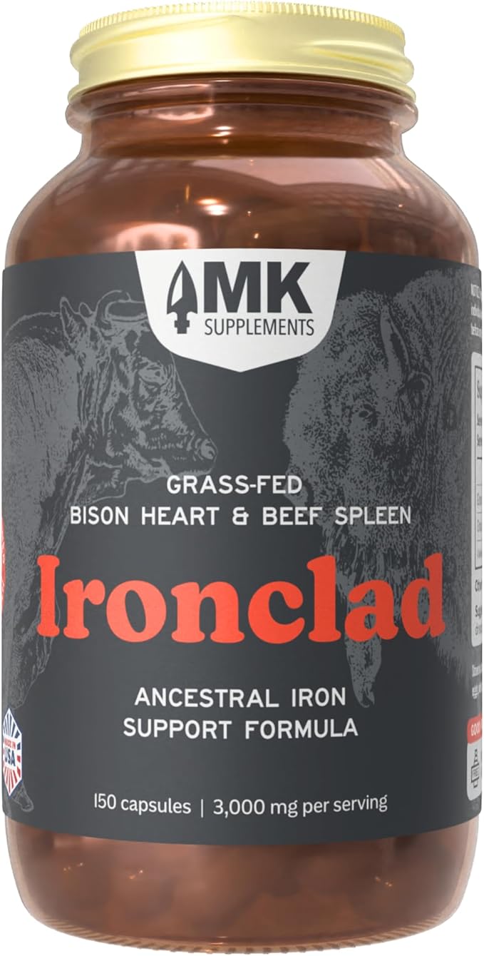 MK Supplements IRONCLAD | Beef Spleen &amp Bison Heart Capsules | ~58% DV Heme Iron + CoQ10 | No GI Distress | Freeze-Dried | 150 Capsules