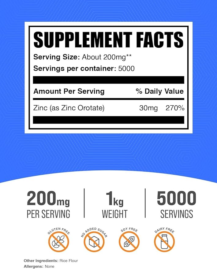 BulkSupplements.com Zinc Orotate Powder - Zinc Minerals Supplement for Immune Support - Gluten Free 200mg per Serving 1kg (2.2 lbs) (Pack of 1)