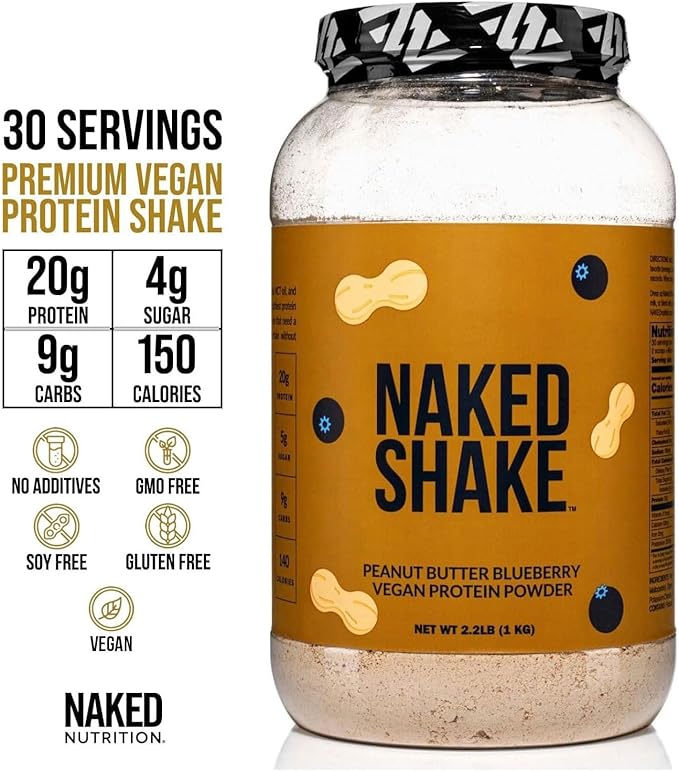 NAKED Shake - Peanut Butter Blueberry Protein Powder Plant Based Protein with Mct Oil Gluten-Free Soy-Free No Gmos Or Artificial Sweeteners - 30 Servings