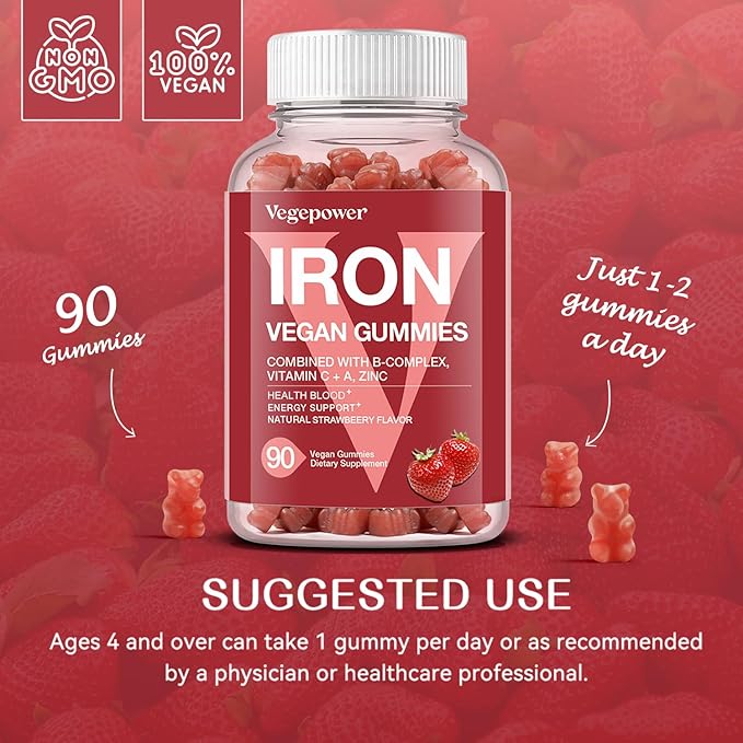Vegan Iron Gummies Strawberry Plus Iron Bisglycinate 30MG | Vegan Iron Supplement Support for Blood Healthy &amp Daily Energy for Adults &amp Kids - 90 Count+60 Count