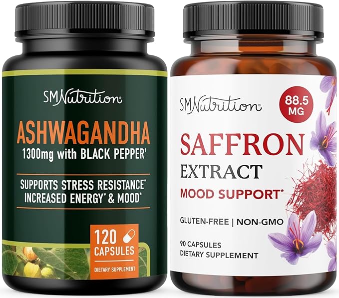 SMNutrition Saffron Supplement &amp Ashwagandha with Black Pepper | Herbal Adaptogen Bundle with Saffron Extract (90 Servings) and Ashwagandha Capsules (60 Servings)