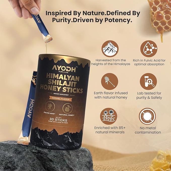 Himalayan Shilajit Honey Sticks with Natural Honey Caramel Flavor – 30 Count 75%+ Fulvic Acid 85+ Trace Minerals Easy Single-Use Energy &amp Immunity Support