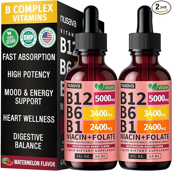 (2 Pack) Vitamin B12 and B6 Liquid Drops B12 Sublingual Vitamin B Complex - B 12 Vitamin 5000mcg - B12 Methylcobalamin for Energy Brain Heart Support with 27200 mcg Watermelon Berry 80 Servings
