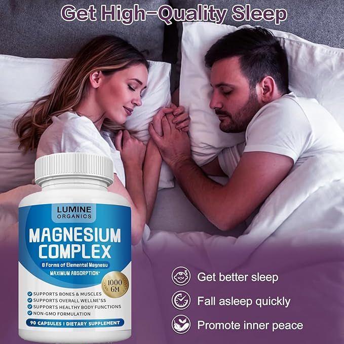 Lumine Organics Magnesium Complex Supplement 1000mg - Advanced 8-in-1 Magnesium Blend - Glycinate Citrate Malate Taurate etc.– High Formula – 90 Capsules
