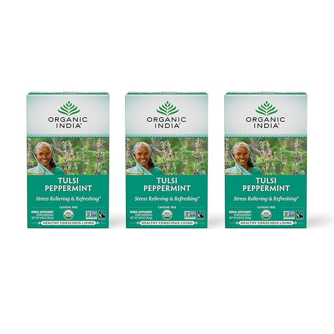 ORGANIC INDIA Tulsi Peppermint Tea - Caffeine Free Herbal Mint Tea - Stress Relieving Holy Basil Immune &amp Digestion Support Vegan USDA Certified Organic Fairtrade - 18 Infusion Bags 3 Pack