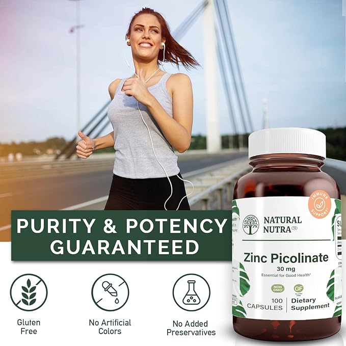 Natural Nutra Zinc Picolinate 30 mg Double Strength Raw and Pure Highly Bioavailable Supplement for Growth and Immune Support Helps Promote Skin Health Helps Support Metabolic System 100 Capsules