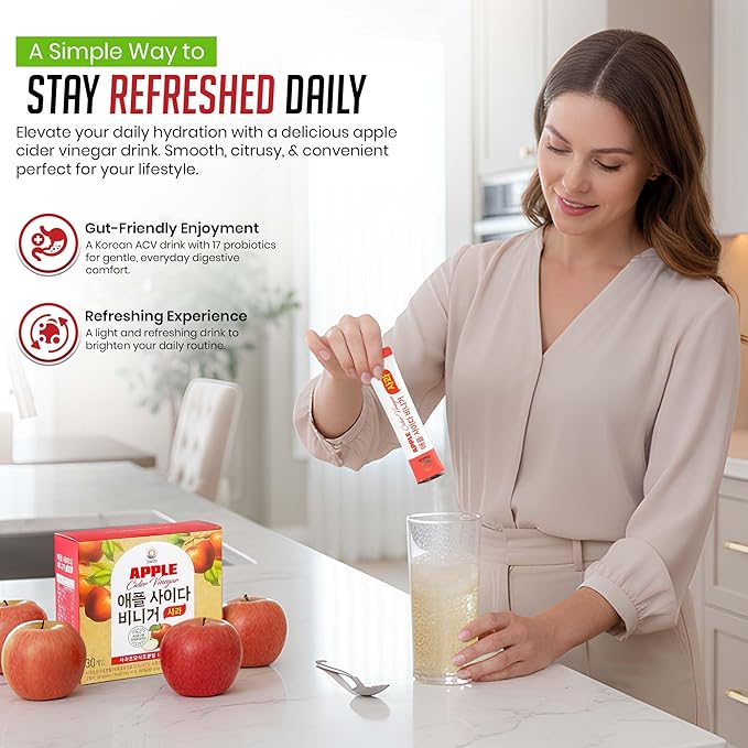 HaeOn Apple Cider Vinegar Drink Powder Stick – On-the-Go with 1500mg ACV 30 Sticks Sugar-Free Probiotics | Supports Digestion (Pack of 30 Apple)