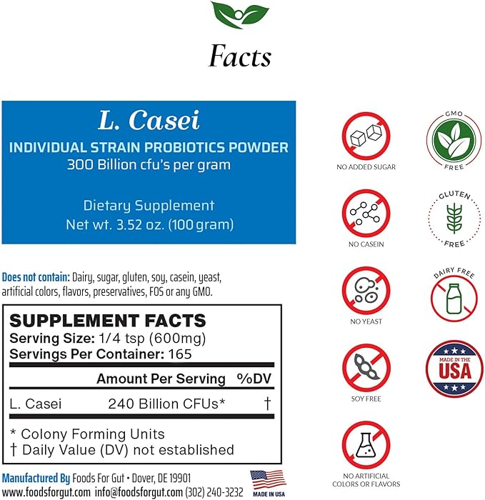 Foods For Gut Lactobacillus Casei Probiotic Powder 300 Billion cfu's | Made in USA | No Additives | Direct from Manufacturer | No Third-Party Storage | Immune Support | L. Casei | 100 Gram (3.52 Oz)