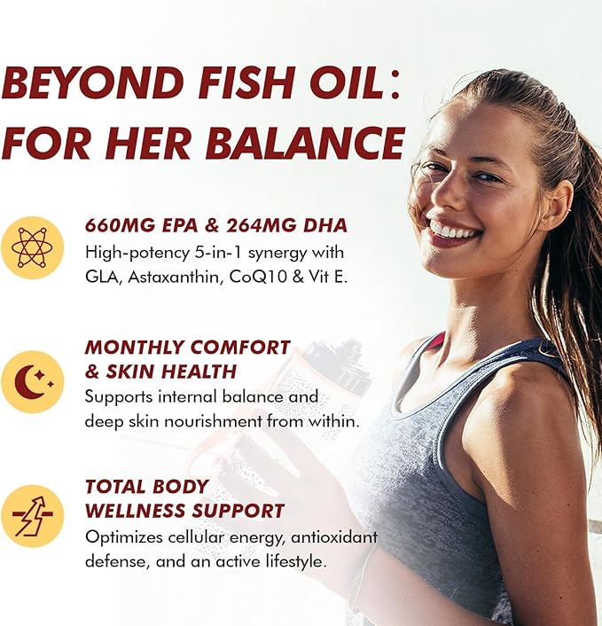 Omega-3 Fish Oil Supplement for Women 984mg Omega-3 with Evening Primrose Oil (GLA) Astaxanthin &amp CoQ10 Supports Monthly Comfort Skin Health &amp Total Body Wellness-60 Softgels