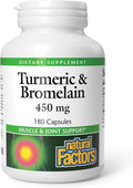 Natural Factors Turmeric &amp Bromelain 450 mg Muscle and Joint Support 180 Capsules