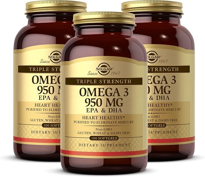 Solgar Triple Strength Omega 3 950 mg - 100 Softgels Pack of 3 - Supports Joint &amp Skin Health - Non-GMO Gluten Free Dairy Free - 300 Total Servings