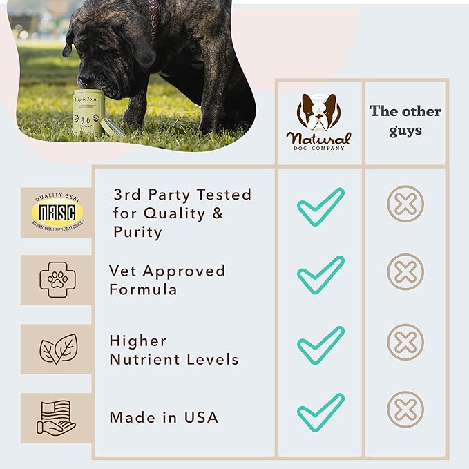 Natural Dog Company Hip &amp Joint Chews for Dogs with Glucosamine for Dogs + Chondroitin MSM &amp Turmeric Supports Mobility &amp Reduces Discomfort Stiffness Natural Pain Relief Joint Supplem