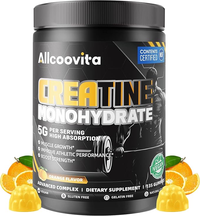 Creatine Monohydrate Gummies for Men &amp Women. Boost FocusStrength and Endurance Anti-Melting Formula Vegan Gluten-Free Non-GMO(Orange135 ct)