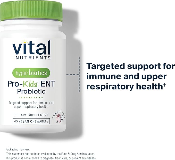 Hyperbiotics Vital Nutrients Pro Kids Probiotic ENT | Toddler Probiotics for Kids Ear Nose and Throat | Targeted Immune and Digestive Health | Strawberry-Vanilla 45 Sugar-Free Chewable Tablets