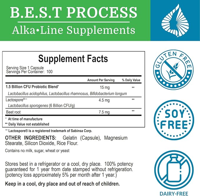 Alkadophilus (6 Pack) Best Process Alkaline — No Refrigeration Probiotic &amp Prebiotic Digestive Supplement — 1.5 Billion CFU of Good Bacteria &amp Beetroot