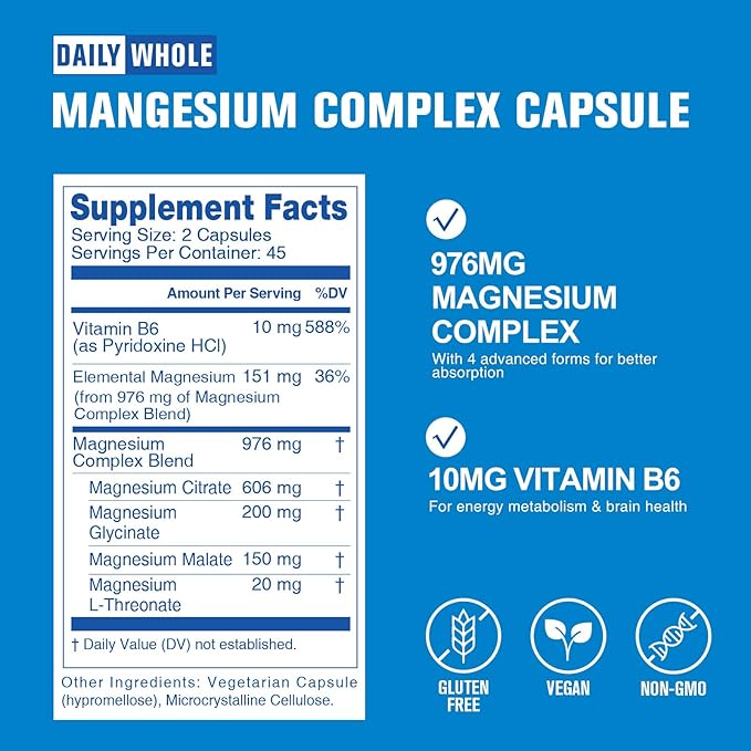 4-in-1 Magnesium Glycinate Complex 90 Capsules of Magnesium Glycinate Citrate Malate L-Threonate &amp Vitamin B6 Supplement for Health | Third Party Tested Gluten Free