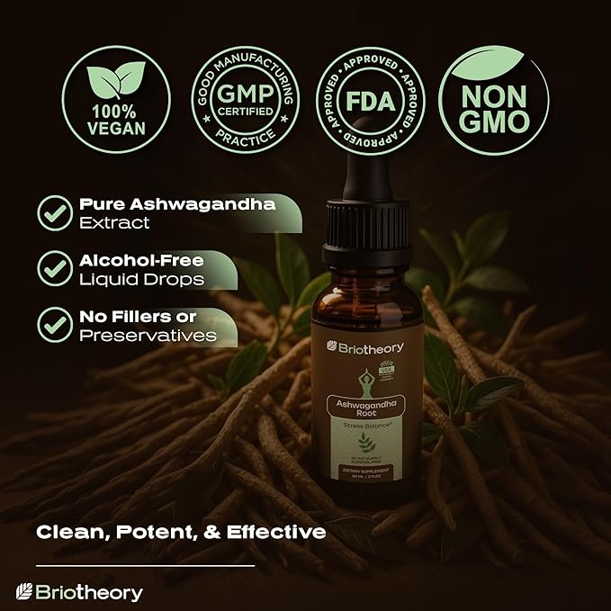 Ashwagandha Root Extract Tincture Liquid Drops – Herbal Supplement for Stress &amp Sleep Support Alcohol-Free Vegan Non-GMO – 60 ml (30 Days Supply) Made in USA.