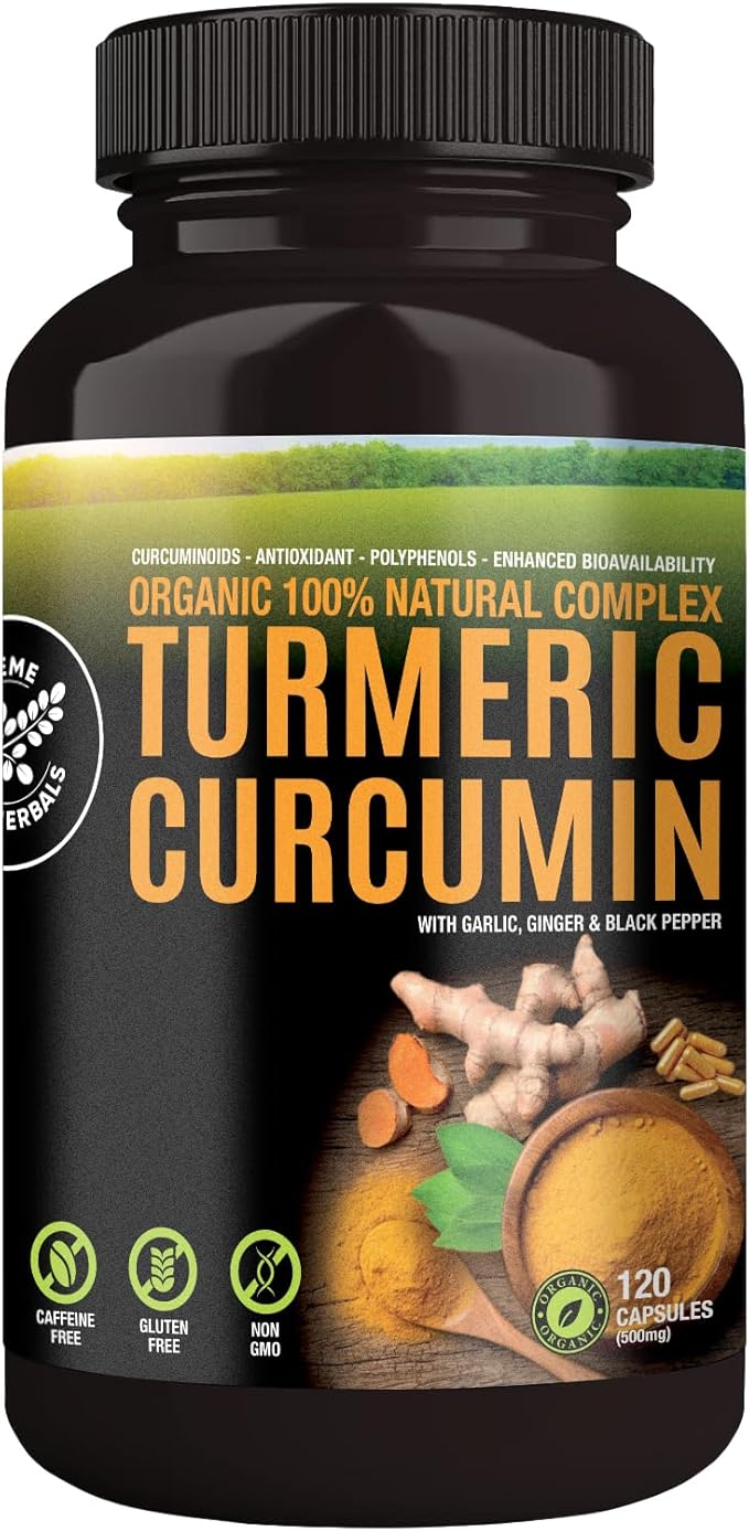 100% Raw and Organic Turmeric Curcumin Capsules. Certified Organic Gluten-Free Non-GMO and Caffeine-Free. Enhanced with Garlic Ginger and Black Pepper 500mg 120 Vegan Capsules