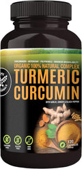 100% Raw and Organic Turmeric Curcumin Capsules. Certified Organic Gluten-Free Non-GMO and Caffeine-Free. Enhanced with Garlic Ginger and Black Pepper 500mg 120 Vegan Capsules