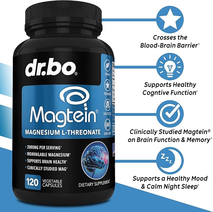 Magnesium L-Threonate Magtein Capsules - Magtein Magnesium L-Threonate 2000mg Supplement Capsules for Brain Health Memory Sleep &amp Cognitive Support - Pure Treonato de Magnesio Supplement - 120 C