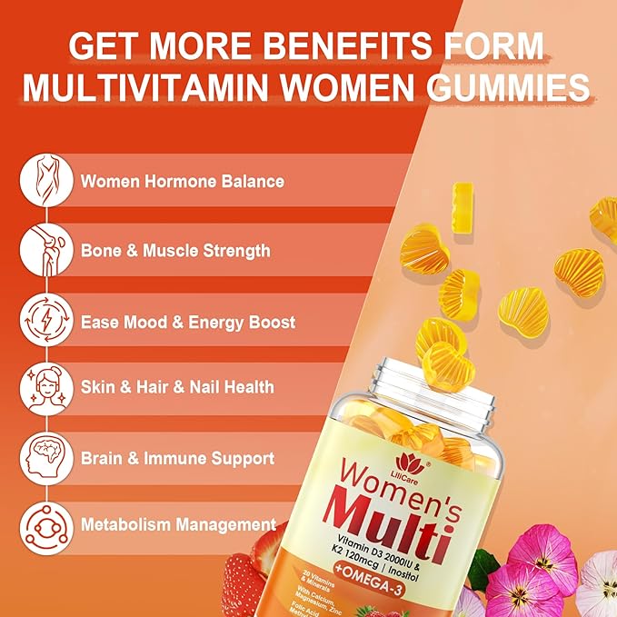 Womens Multivitamin Gummy with Omega 3（DHA/EPA) Vitamin D3 K2 Calcium Inositol Daily Womens Vitamin A C E B Complex L-MethylFolate Methyl B12Sugar Free Methylated Multivitamins Minerals 120Cts