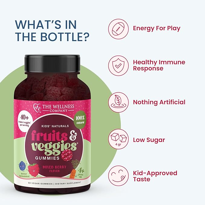 The Wellness Company Kids Naturals Fruits &amp Veggie Gummies – Daily Nutrition Support | 120ct (2 Month Supply)