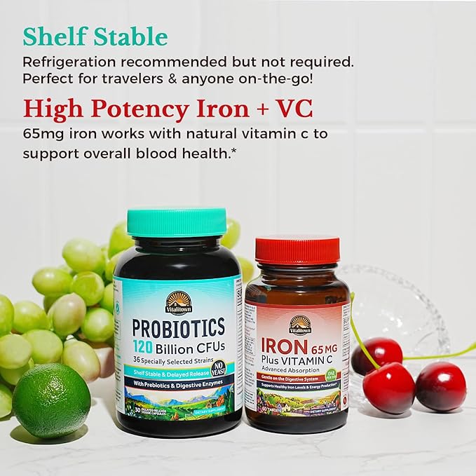 Vitalitown Probiotic + Iron Supplement Bundle | Probiotics 120 Billion (Item 1) &amp 65mg Iron Suplement (Item 2) | Gut Bone Muscle Blood Building Energy | Vegan | 30 Capsules &amp 60 Tablets