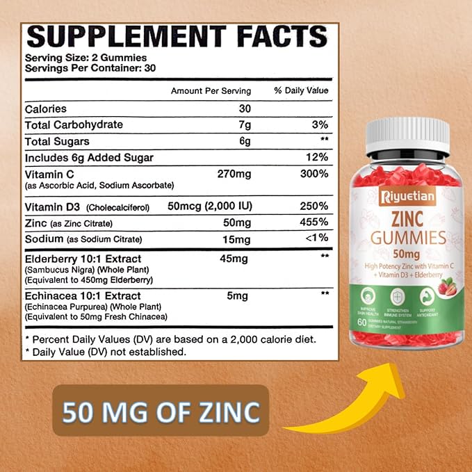 Zinc Gummies 50mg - Vitamin C D3 &amp Elderberry Echinacea Zinc Immune Health Gummies Non-GMO Natural Antioxidant Supplements for Men &amp Women Vegan 2 Pack