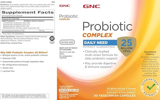 GNC Probiotic Complex Daily Need with 25 Billion CFUs Twin Pack 30 Capsules per Bottle Daily Probiotic Support