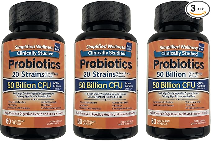 Probiotics 50 Billion CFU 20 Strains 60 Vegetarian Capsules Non-GMO Digestive Enzyme Complex 3 Pack 90 Day Supply