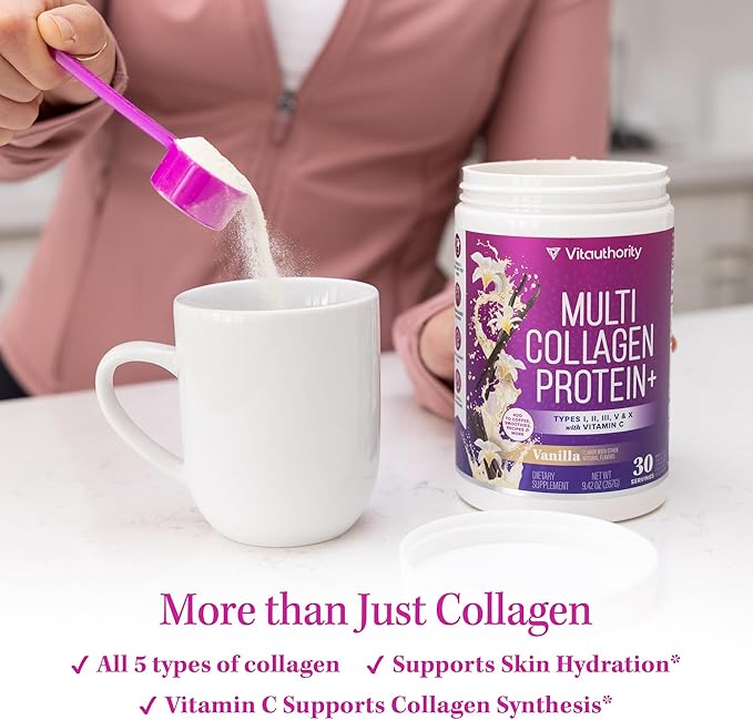 Multi Collagen Peptides Powder for Women - Hydrolyzed Collagen Powder for Women with Types I II III Plus Vitamin C &amp Hyaluronic Acid for Beautiful Hair Skin and Nails 30 Servings Vanilla Flavored