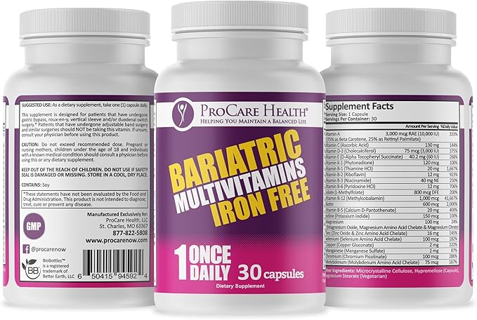 Procare Health Bariatric Multivitamin with Iron Free (30 Fast Dissolving Veggie Capsule) - Bariatric Vitamins for Gastric Sleeve &amp Gastric Bypass Bariatric Multivitamin Without Iron (1 Month Supp